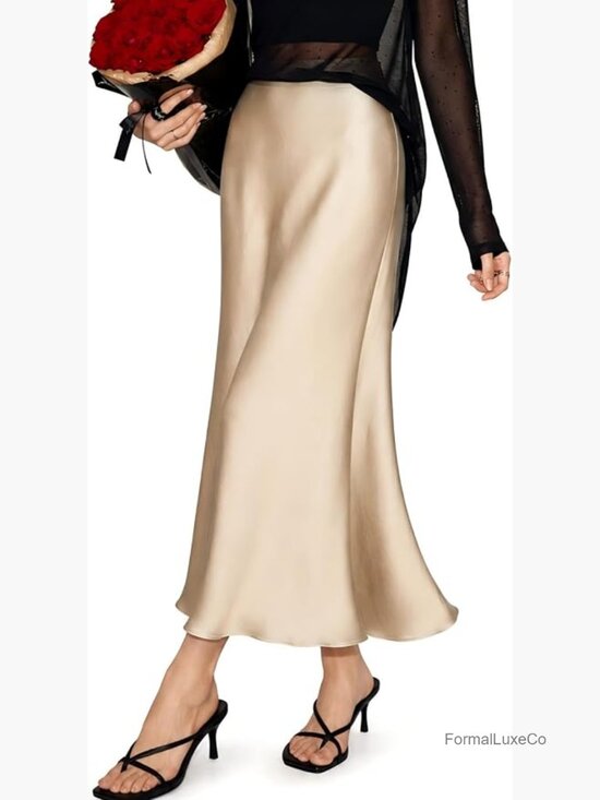Dresses & Skirts - High Waist Flowy A-Line Midi Skirt, Satin, Pull On, Lightweight